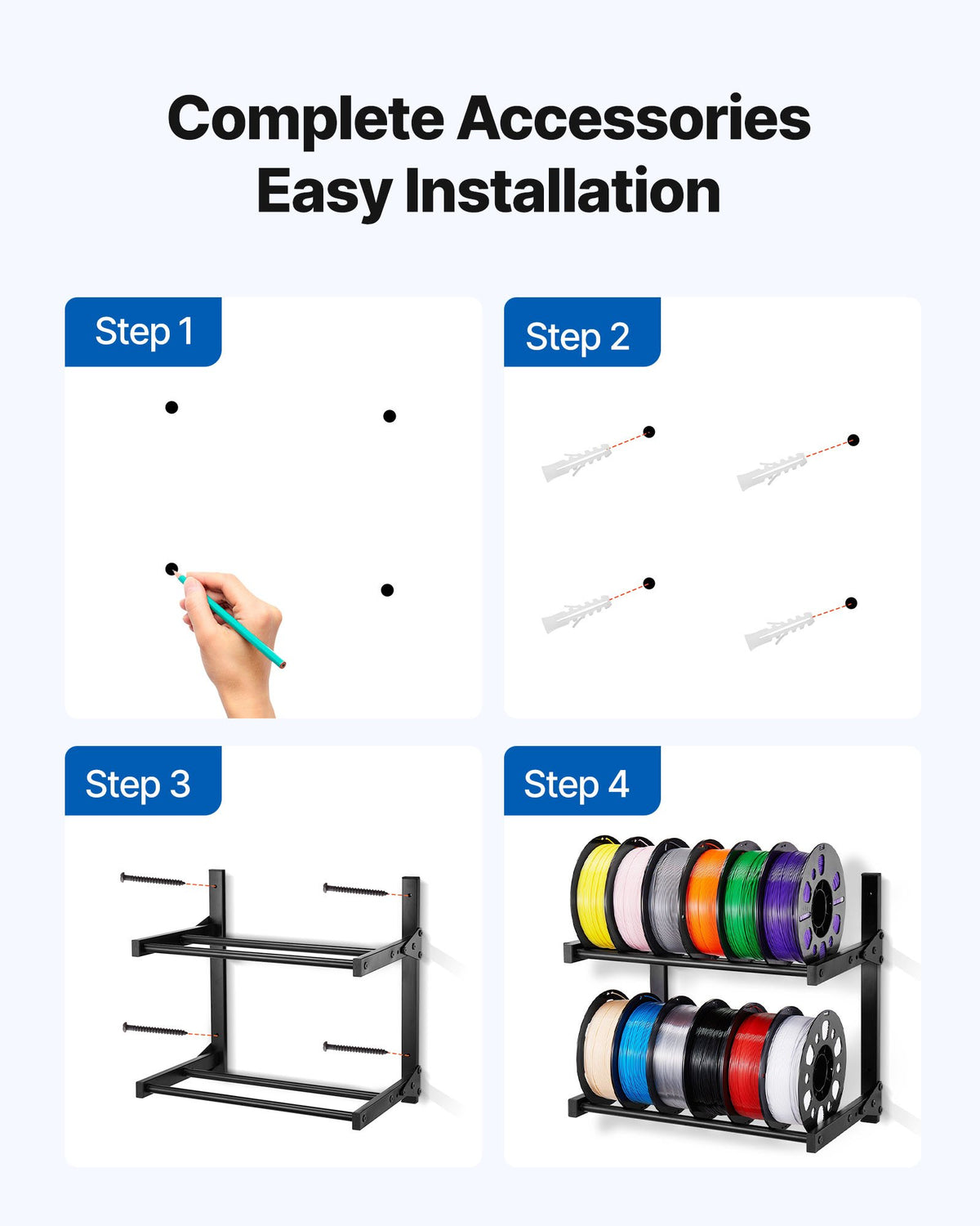 VEVOR Wall Mount Printer Filament Storage Rack, 2-Tier Wall Bracket Storage Shelf, Rolling Filament Spool Holders Racks with Wheels, Filaments Organzied for 3D Printing Studio, Workshop (Shelf Only) - 3DDYSNJHSECBXUUA2001V0 - view 6