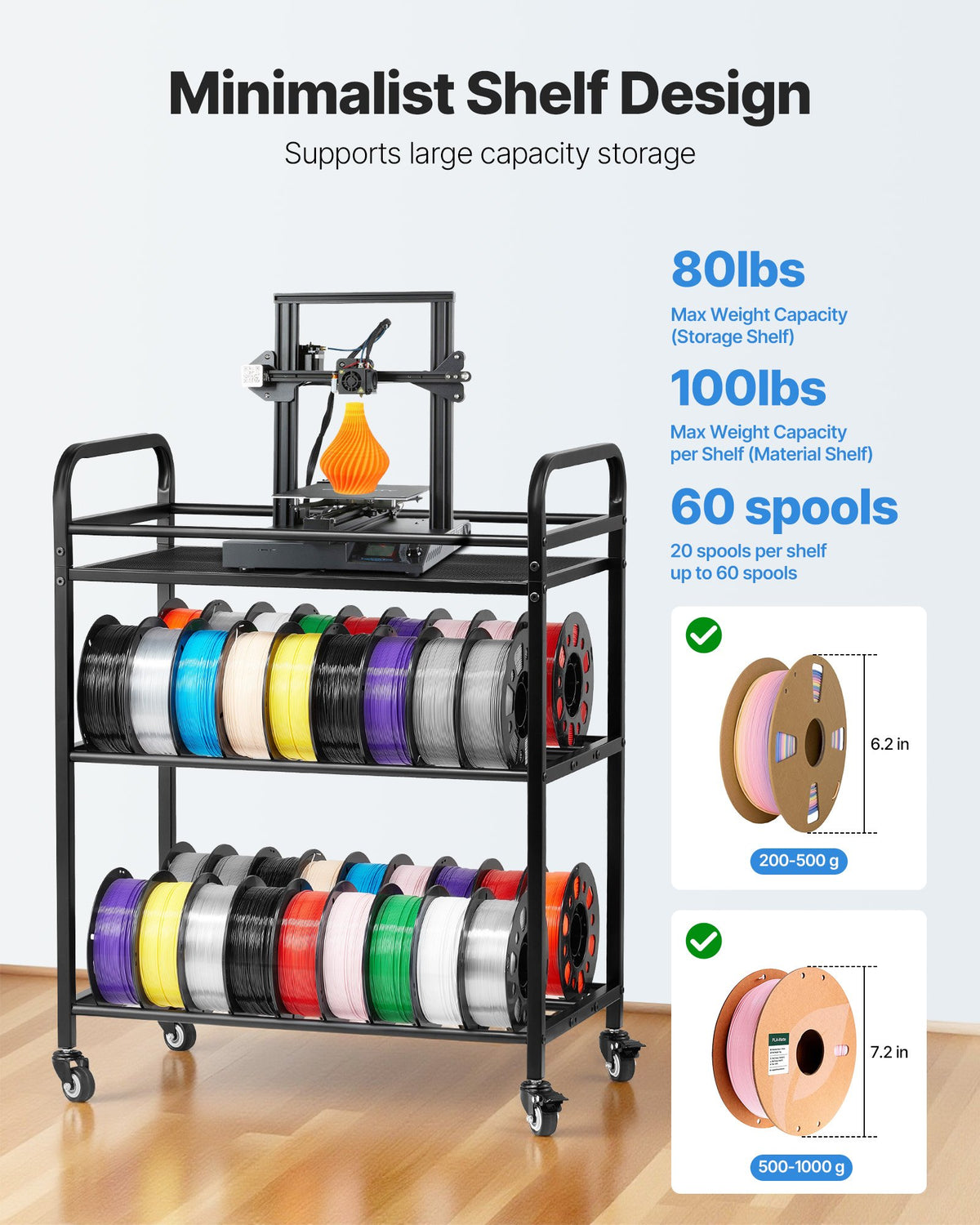 VEVOR 3D Printer Filament Storage Rack, 3 Tier Heavy Duty Storage Shelf, Rolling Filament Spool Holders Racks with Wheels, Filaments Organzied for 3D Printing Station, Office, Workshop (Shelf Only) - 3DDYSNJYDSSCCI04J001V0 - view 3