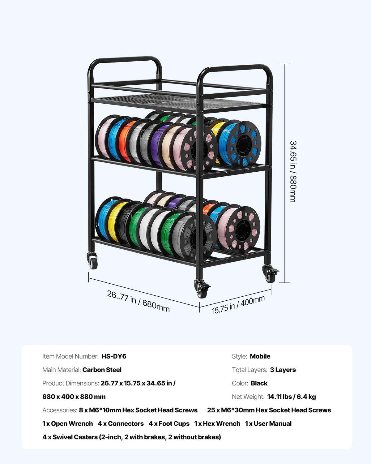 VEVOR 3D Printer Filament Storage Rack, 3 Tier Heavy Duty Storage Shelf, Rolling Filament Spool Holders Racks with Wheels, Filaments Organzied for 3D Printing Station, Office, Workshop (Shelf Only) - 3DDYSNJYDSSCCI04J001V0 - view 8