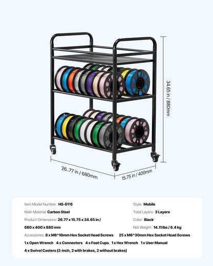 VEVOR 3D Printer Filament Storage Rack, 3 Tier Heavy Duty Storage Shelf, Rolling Filament Spool Holders Racks with Wheels, Filaments Organzied for 3D Printing Station, Office, Workshop (Shelf Only) - 3DDYSNJYDSSCCI04J001V0 - view 8