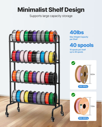VEVOR 3D Printer Filament Storage Rack, 4 Tier Heavy Duty Storage Shelf, Rolling Filament Spool Holders Racks with Wheels, Filaments Organzied for 3D Printing Station, Office, Workshop (Shelf Only) - 3DDYSNJYDSSCMA4RR001V0 - view 3