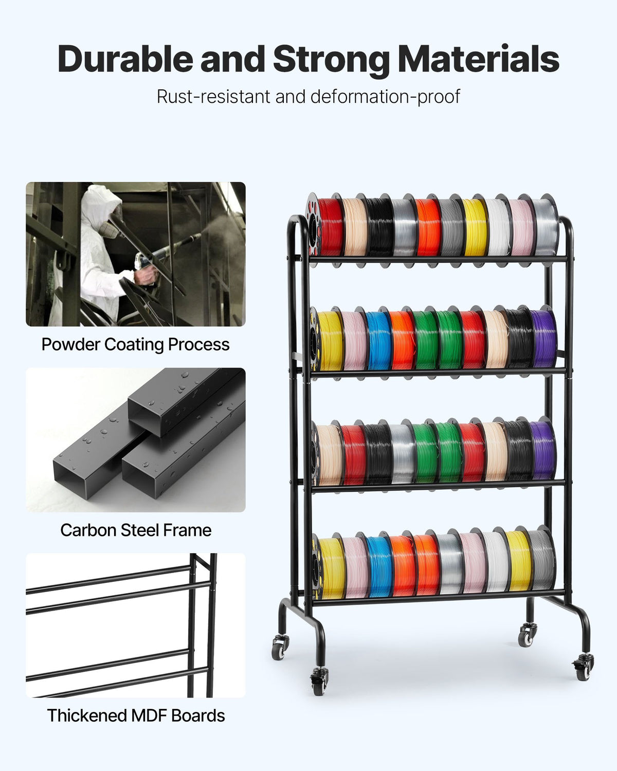 VEVOR 3D Printer Filament Storage Rack, 4 Tier Heavy Duty Storage Shelf, Rolling Filament Spool Holders Racks with Wheels, Filaments Organzied for 3D Printing Station, Office, Workshop (Shelf Only) - 3DDYSNJYDSSCMA4RR001V0 - view 6