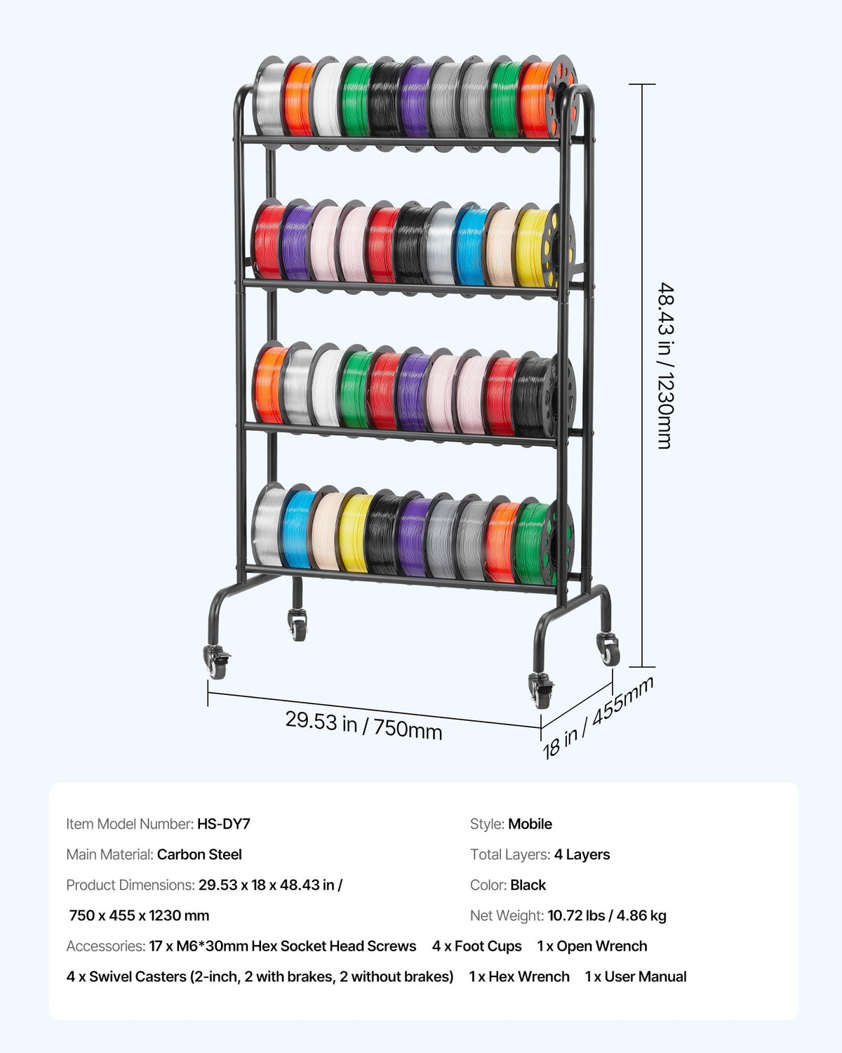 VEVOR 3D Printer Filament Storage Rack, 4 Tier Heavy Duty Storage Shelf, Rolling Filament Spool Holders Racks with Wheels, Filaments Organzied for 3D Printing Station, Office, Workshop (Shelf Only) - 3DDYSNJYDSSCMA4RR001V0 - view 8