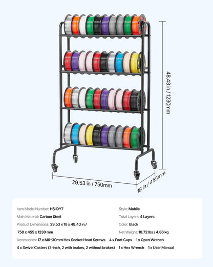 VEVOR 3D Printer Filament Storage Rack, 4 Tier Heavy Duty Storage Shelf, Rolling Filament Spool Holders Racks with Wheels, Filaments Organzied for 3D Printing Station, Office, Workshop (Shelf Only) - 3DDYSNJYDSSCMA4RR001V0 - view 8