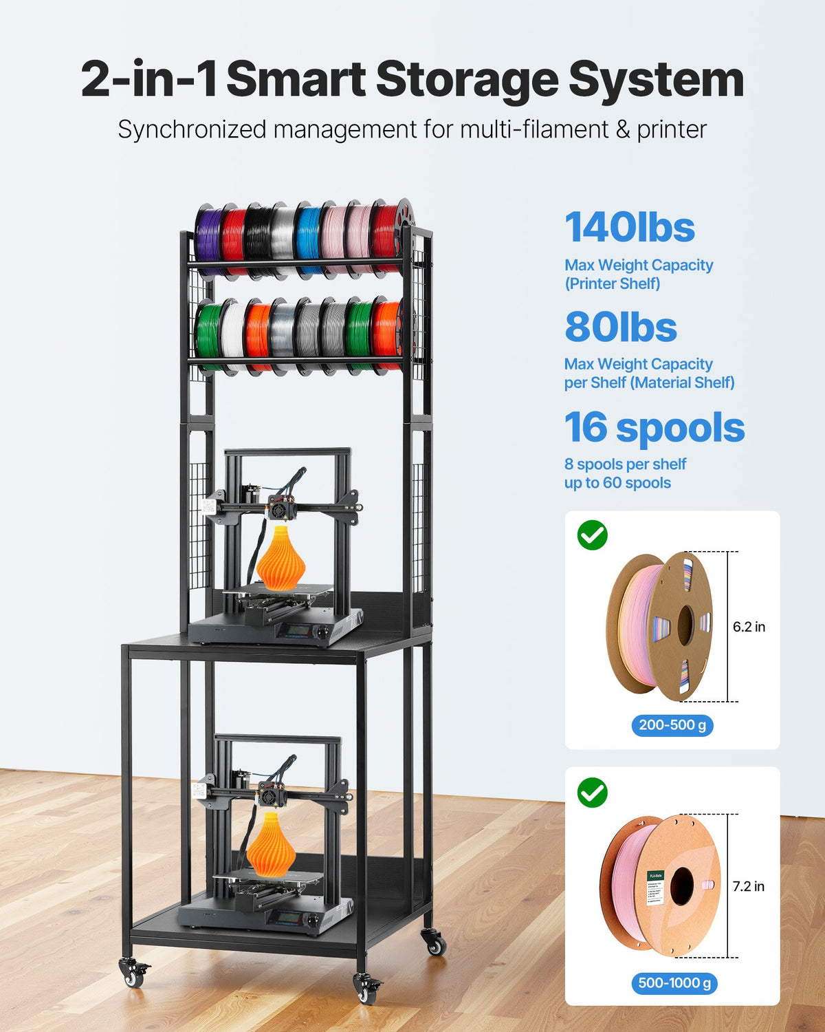 VEVOR 3D Printer Filament Storage Rack, 4-Tier 3D Printer Stand with Filament Storage, Spools Holder Racks Cart with Wheels, Filaments Organzied for 3D Printing Station, Office, Workshop (Shelf Only) - 3DDYSNJYTSSC128I3001V0 - view 3