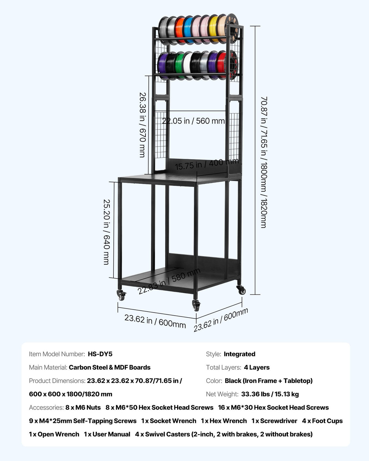 VEVOR 3D Printer Filament Storage Rack, 4-Tier 3D Printer Stand with Filament Storage, Spools Holder Racks Cart with Wheels, Filaments Organzied for 3D Printing Station, Office, Workshop (Shelf Only) - 3DDYSNJYTSSC128I3001V0 - view 8