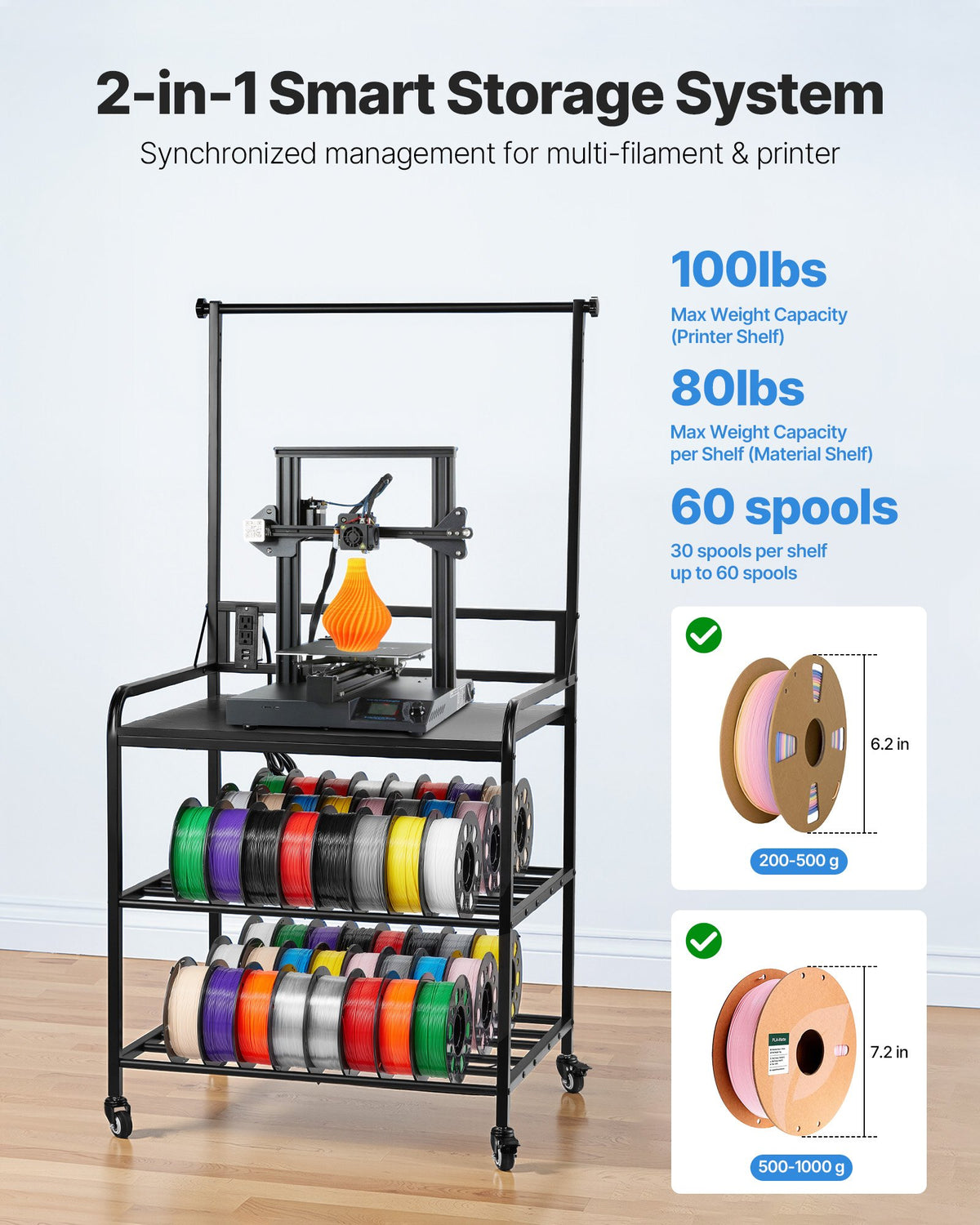 VEVOR 3D Printer Filament Storage Rack, 3-Tier 3D Printer Stand with Filament Storage, Spools Holder Racks Cart with Wheels, Filaments Organzied for 3D Printing Station, Office, Workshop (Shelf Only) - 3DDYSNJYTSSC67KX9001V1 - view 3
