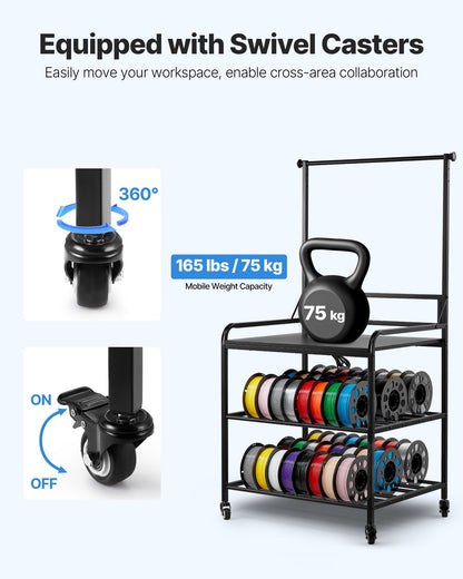 VEVOR 3D Printer Filament Storage Rack, 3-Tier 3D Printer Stand with Filament Storage, Spools Holder Racks Cart with Wheels, Filaments Organzied for 3D Printing Station, Office, Workshop (Shelf Only) - 3DDYSNJYTSSC67KX9001V1 - view 4