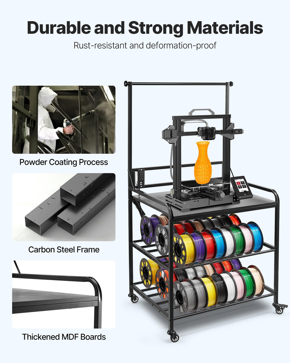 VEVOR 3D Printer Filament Storage Rack, 3-Tier 3D Printer Stand with Filament Storage, Spools Holder Racks Cart with Wheels, Filaments Organzied for 3D Printing Station, Office, Workshop (Shelf Only) - 3DDYSNJYTSSC67KX9001V1 - view 6