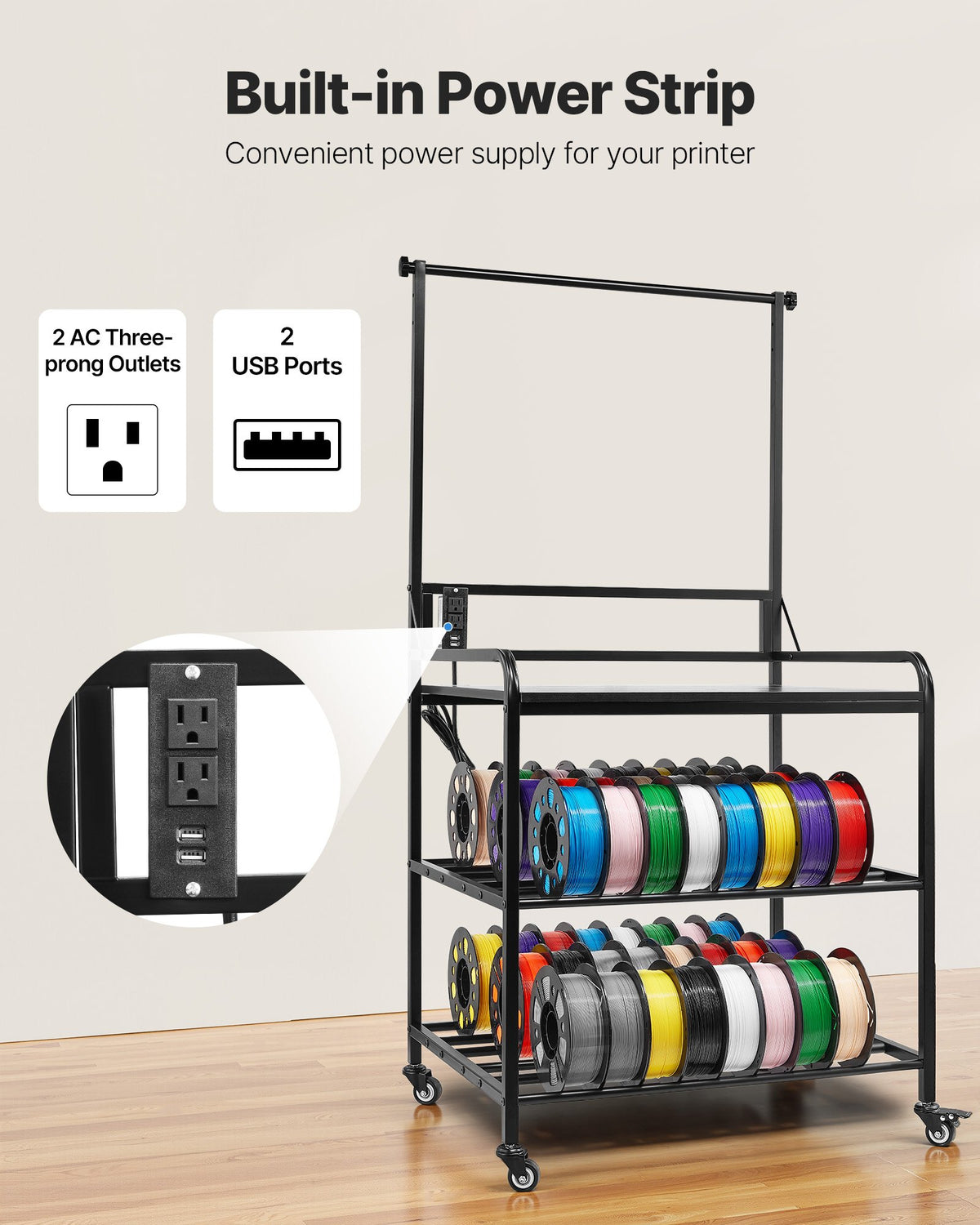 VEVOR 3D Printer Filament Storage Rack, 3-Tier 3D Printer Stand with Filament Storage, Spools Holder Racks Cart with Wheels, Filaments Organzied for 3D Printing Station, Office, Workshop (Shelf Only) - 3DDYSNJYTSSC67KX9001V1 - view 7