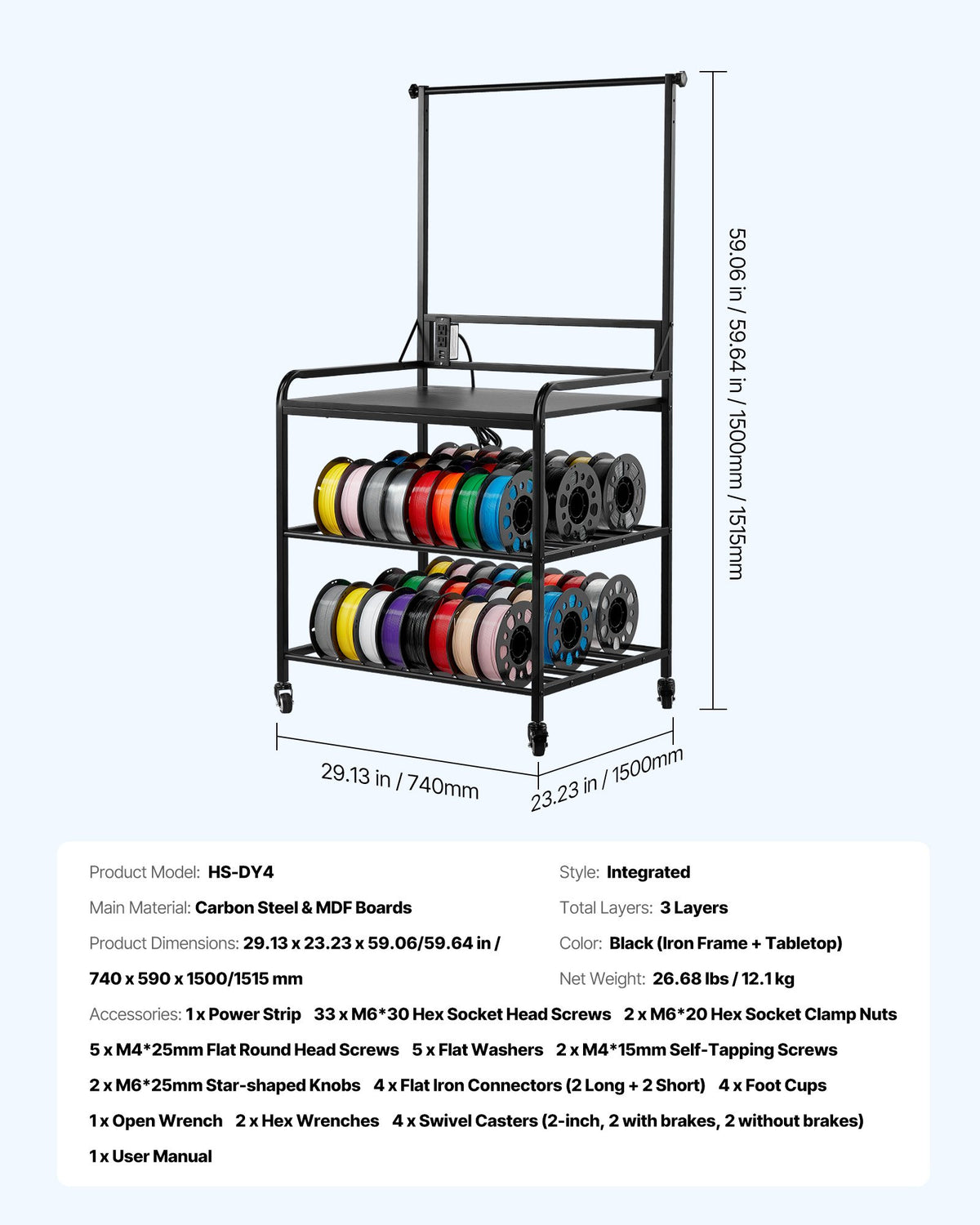 VEVOR 3D Printer Filament Storage Rack, 3-Tier 3D Printer Stand with Filament Storage, Spools Holder Racks Cart with Wheels, Filaments Organzied for 3D Printing Station, Office, Workshop (Shelf Only) - 3DDYSNJYTSSC67KX9001V1 - view 8