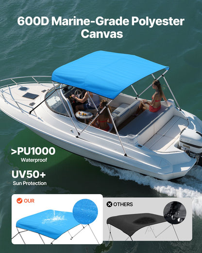 VEVOR 3 Bow Boat Bimini Tops, 600D Polyester Canopy with Aluminum Alloy Frame, Waterproof & Sun Shade Boat Awning Canopy with Storage Bag, 2 Support Poles, 4 Straps, 6'Lx(54"-60")Wx46"H, Pacific Blue - 3GCYZYP6L546MLQ5TV0 - view 3