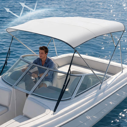VEVOR 3 Bow Boat Bimini Tops, 600D Polyester Canopy with Aluminum Alloy Frame, Waterproof & Sun Shade Boat Awning Canopy with Storage Bag, 2 Support Poles, 4 Straps, 6'Lx(54"-60")Wx46"H, Light Grey - 3GCYZYP6L546U9R6PV0 - view 1