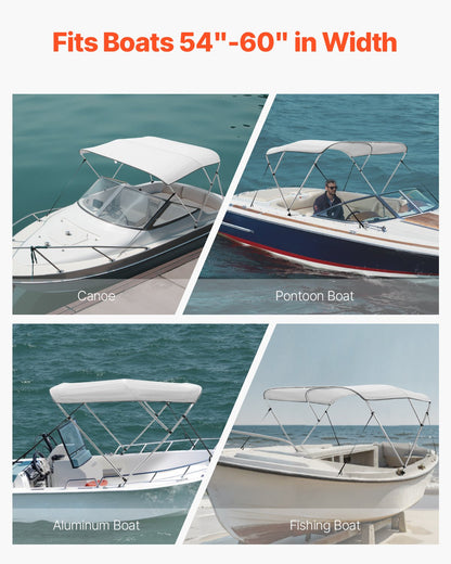VEVOR 3 Bow Boat Bimini Tops, 600D Polyester Canopy with Aluminum Alloy Frame, Waterproof & Sun Shade Boat Awning Canopy with Storage Bag, 2 Support Poles, 4 Straps, 6'Lx(54"-60")Wx46"H, Light Grey - 3GCYZYP6L546U9R6PV0 - view 7