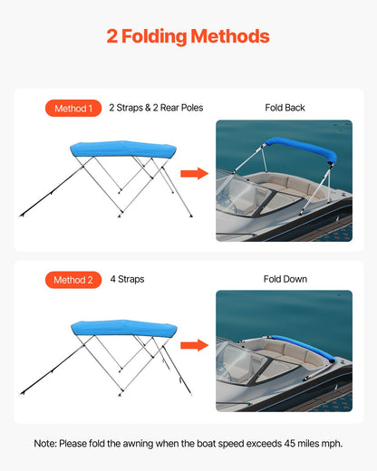 VEVOR 3 Bow Boat Bimini Tops, 600D Polyester Canopy with Aluminum Alloy Frame, Waterproof & Sun Shade Boat Awning Canopy with Storage Bag, 2 Support Poles, 4 Straps, 6'Lx(61"-66")W x46"H, Pacific Blue - 3GCYZYP6L6165RBHGV0 - view 5