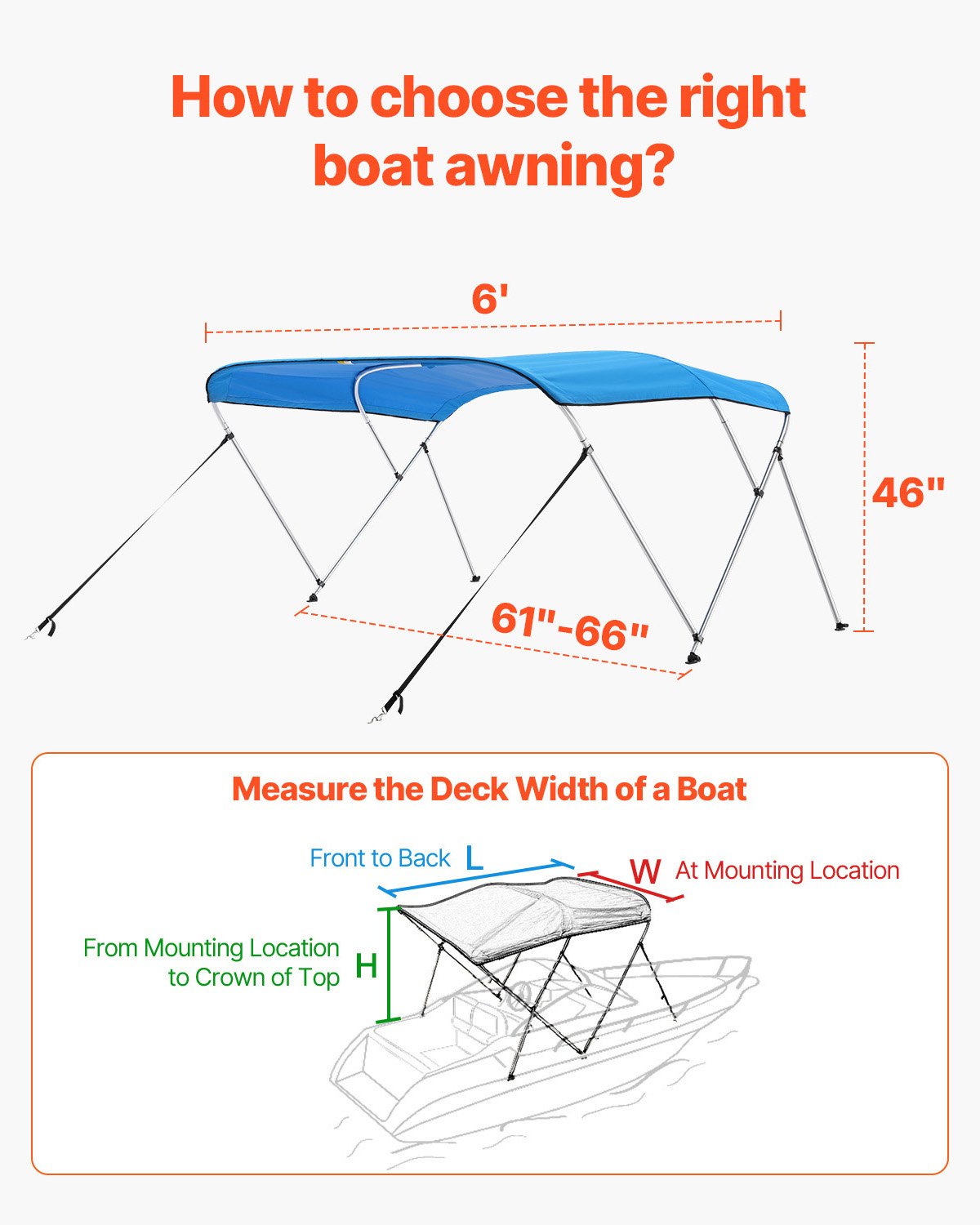 VEVOR 3 Bow Boat Bimini Tops, 600D Polyester Canopy with Aluminum Alloy Frame, Waterproof & Sun Shade Boat Awning Canopy with Storage Bag, 2 Support Poles, 4 Straps, 6'Lx(61"-66")W x46"H, Pacific Blue - 3GCYZYP6L6165RBHGV0 - view 6