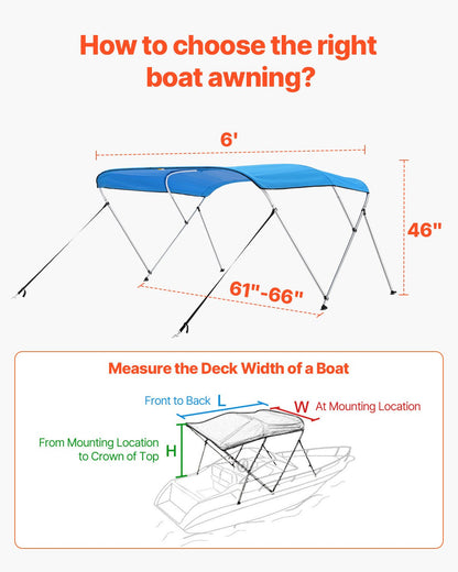 VEVOR 3 Bow Boat Bimini Tops, 600D Polyester Canopy with Aluminum Alloy Frame, Waterproof & Sun Shade Boat Awning Canopy with Storage Bag, 2 Support Poles, 4 Straps, 6'Lx(61"-66")W x46"H, Pacific Blue - 3GCYZYP6L6165RBHGV0 - view 6