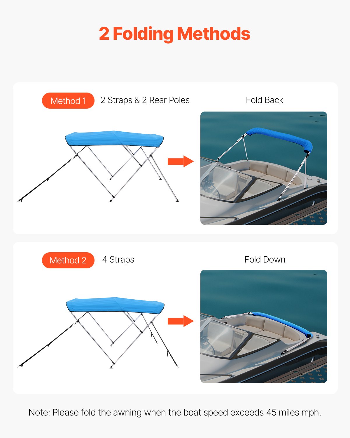 VEVOR 3 Bow Boat Bimini Top, 600D Polyester Canopy with Aluminum Alloy Frame, Waterproof & Sun Shade Boat Awning Canopy with Storage Bag, 2 Support Poles, 4 Straps, 72"Lx(73"-78")Wx46"H, Pacific Blue - 3GCYZYP727373ZGKJV0 - view 5