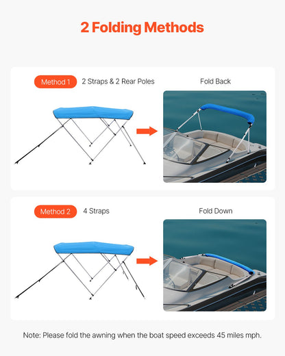 VEVOR 3 Bow Boat Bimini Top, 600D Polyester Canopy with Aluminum Alloy Frame, Waterproof & Sun Shade Boat Awning Canopy with Storage Bag, 2 Support Poles, 4 Straps, 72"Lx(73"-78")Wx46"H, Pacific Blue - 3GCYZYP727373ZGKJV0 - view 5