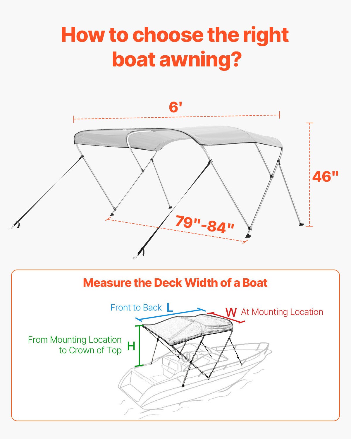 VEVOR 3 Bow Boat Bimini Tops, 600D Polyester Canopy with Aluminum Alloy Frame, Waterproof & Sun Shade Boat Awning Canopy with Storage Bag, 2 Support Poles, 4 Straps, 72"Lx(79"-84")Wx46"H, Light Grey - 3GCYZYP72798DRZO8V0 - view 6