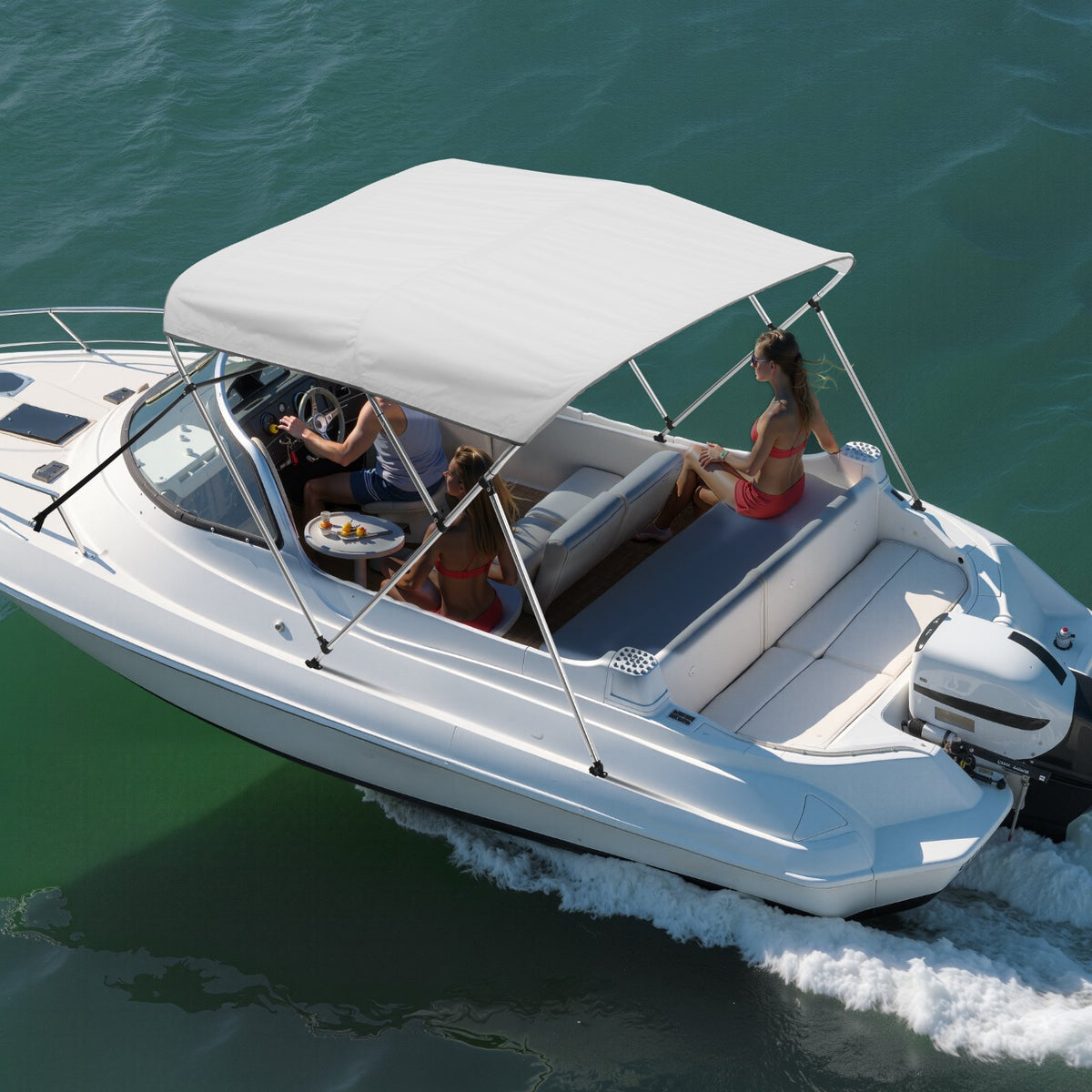 VEVOR 3 Bow Boat Bimini Tops, 600D Polyester Canopy with Aluminum Alloy Frame, Waterproof & Sun Shade Boat Awning Canopy with Storage Bag, 2 Support Poles, 4 Straps, 72"Lx(85"-90")Wx46"H, Light Grey - 3GCYZYP72859B0WDDV0 - view 9