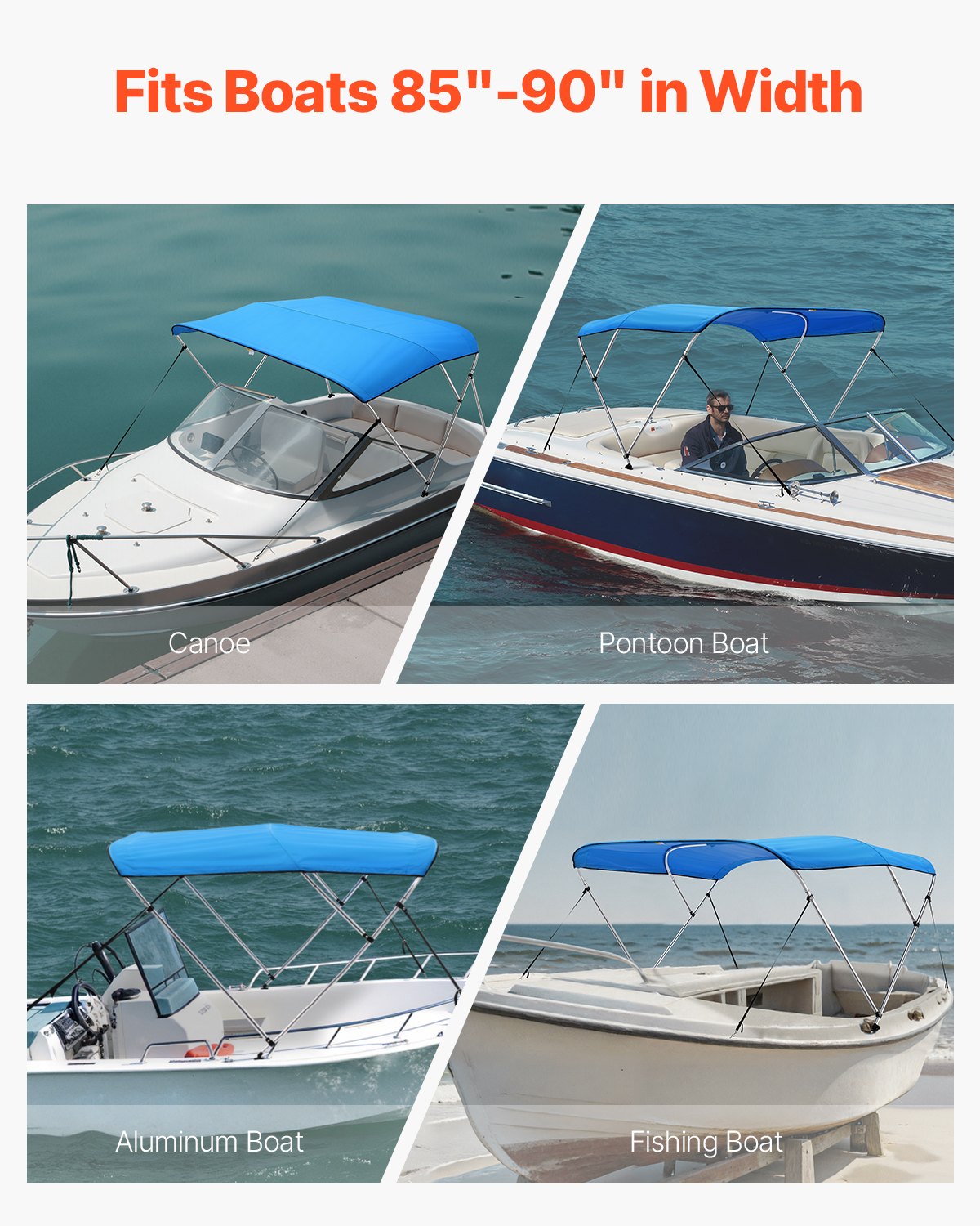 VEVOR 3 Bow Boat Bimini Tops, 600D Polyester Canopy with Aluminum Alloy Frame, Waterproof & Sun Shade Boat Awning Canopy with Storage Bag, 2 Support Poles, 4 Straps, 72"Lx(85"-90")Wx46"H, Pacific Blue - 3GCYZYP72859PTV1WV0 - view 7