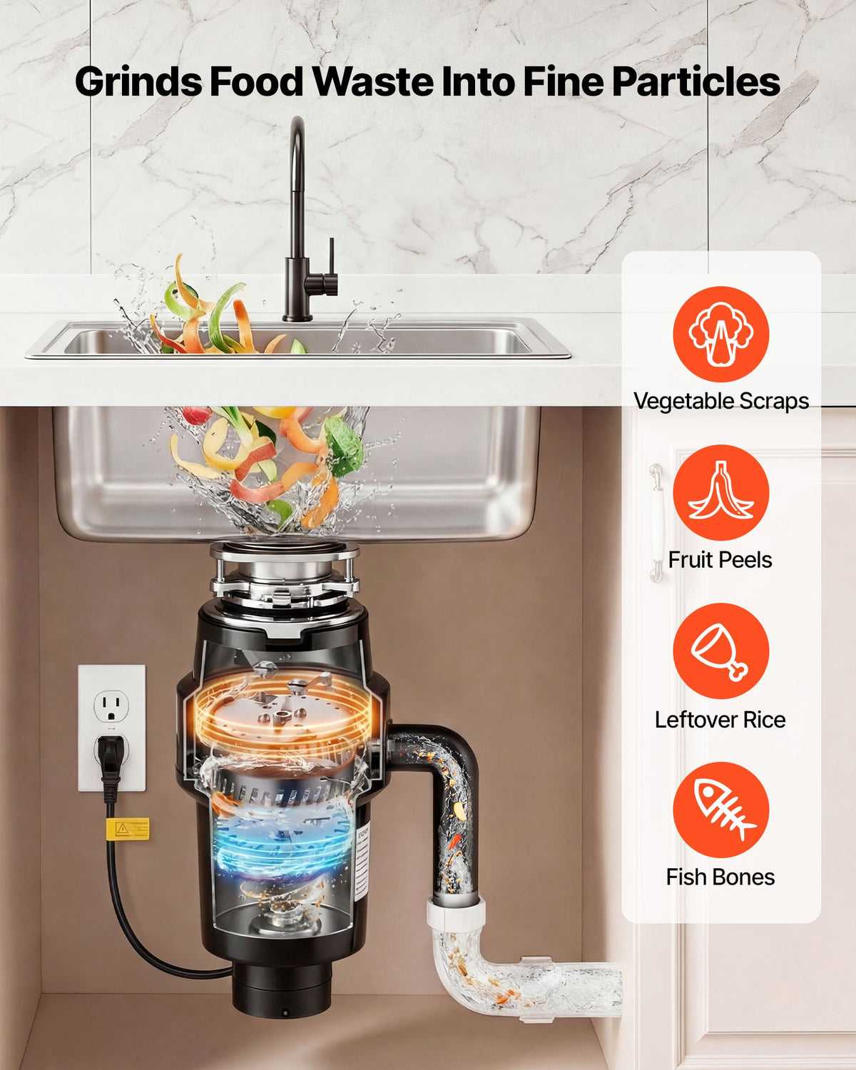 VEVOR Food Waste Garbage Disposal, 1HP 3700RPM DC Motor, Continuous Feed Kitchen Sink Garbage Disposer, 3-Bolt Mount Food Waste Grinding System with Splash Guard & Power Cord for Kitchens - 3LSAZGDLJCLQ13712001V1 - view 4