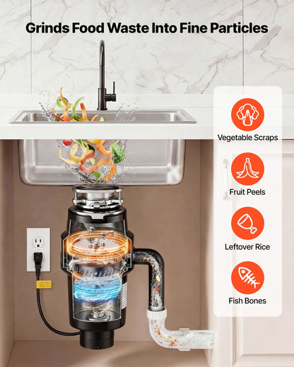 VEVOR Food Waste Garbage Disposal, 1HP 3700RPM DC Motor, Continuous Feed Kitchen Sink Garbage Disposer, 3-Bolt Mount Food Waste Grinding System with Splash Guard & Power Cord for Kitchens - 3LSAZGDLJCLQ13712001V1 - view 4