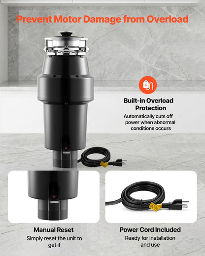 VEVOR Food Waste Garbage Disposal, 1HP 3700RPM DC Motor, Continuous Feed Kitchen Sink Garbage Disposer, 3-Bolt Mount Food Waste Grinding System with Splash Guard & Power Cord for Kitchens - 3LSAZGDLJCLQ13712001V1 - view 7