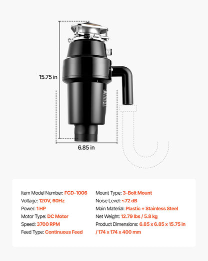 VEVOR Food Waste Garbage Disposal, 1HP 3700RPM DC Motor, Continuous Feed Kitchen Sink Garbage Disposer, 3-Bolt Mount Food Waste Grinding System with Splash Guard & Power Cord for Kitchens - 3LSAZGDLJCLQ13712001V1 - view 8