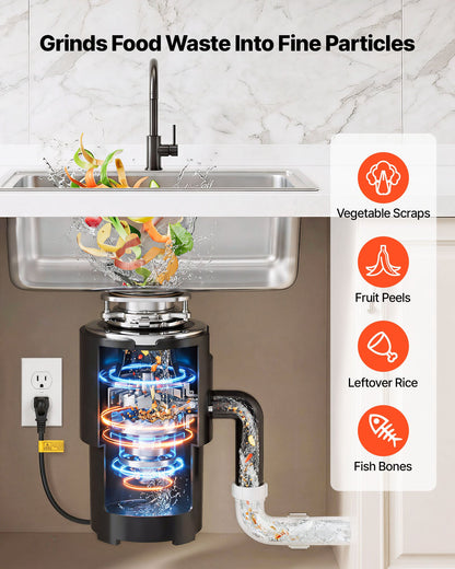 VEVOR Food Waste Garbage Disposal, 3/4HP 1500RPM AC Motor, Continuous Feed Kitchen Sink Garbage Disposer, 3-Bolt Mount Food Waste Grinding System with Splash Guard & Power Cord for Kitchens - 3LSAZGDLJCLQPJV5C001V1 - view 4