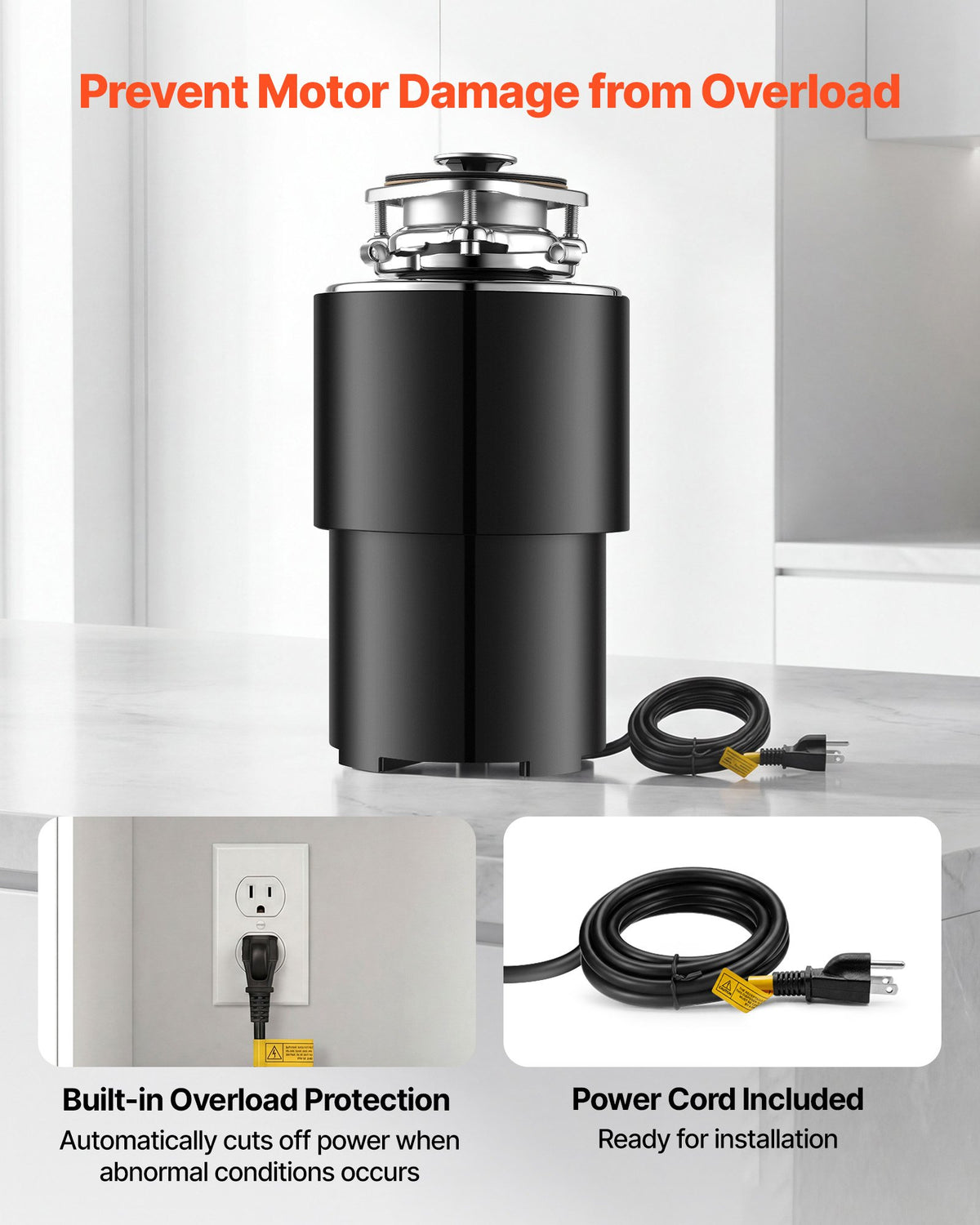 VEVOR Food Waste Garbage Disposal, 3/4HP 1500RPM AC Motor, Continuous Feed Kitchen Sink Garbage Disposer, 3-Bolt Mount Food Waste Grinding System with Splash Guard & Power Cord for Kitchens - 3LSAZGDLJCLQPJV5C001V1 - view 7
