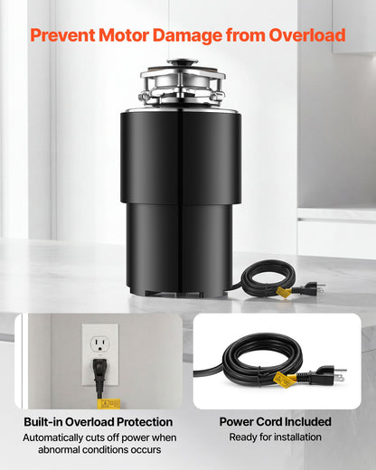 VEVOR Food Waste Garbage Disposal, 3/4HP 1500RPM AC Motor, Continuous Feed Kitchen Sink Garbage Disposer, 3-Bolt Mount Food Waste Grinding System with Splash Guard & Power Cord for Kitchens - 3LSAZGDLJCLQPJV5C001V1 - view 7