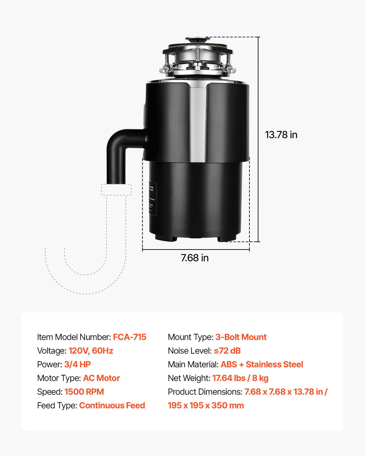 VEVOR Food Waste Garbage Disposal, 3/4HP 1500RPM AC Motor, Continuous Feed Kitchen Sink Garbage Disposer, 3-Bolt Mount Food Waste Grinding System with Splash Guard & Power Cord for Kitchens - 3LSAZGDLJCLQPJV5C001V1 - view 8