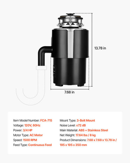 VEVOR Food Waste Garbage Disposal, 3/4HP 1500RPM AC Motor, Continuous Feed Kitchen Sink Garbage Disposer, 3-Bolt Mount Food Waste Grinding System with Splash Guard & Power Cord for Kitchens - 3LSAZGDLJCLQPJV5C001V1 - view 8