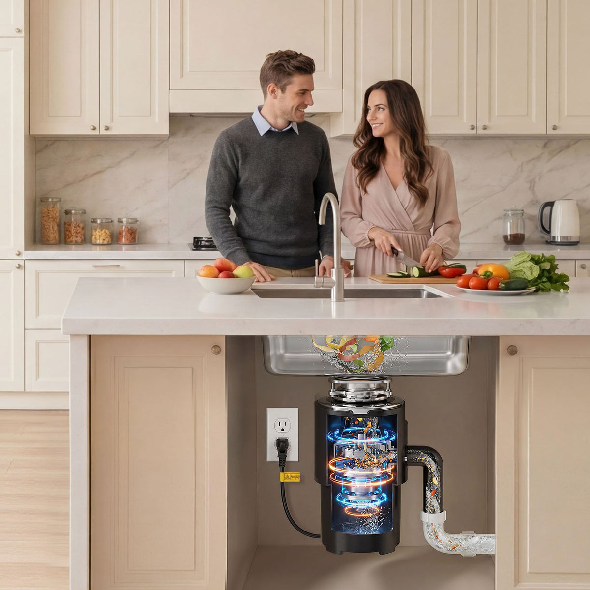VEVOR Food Waste Garbage Disposal, 3/4HP 1500RPM AC Motor, Continuous Feed Kitchen Sink Garbage Disposer, 3-Bolt Mount Food Waste Grinding System with Splash Guard & Power Cord for Kitchens - 3LSAZGDLJCLQPJV5C001V1 - view 9