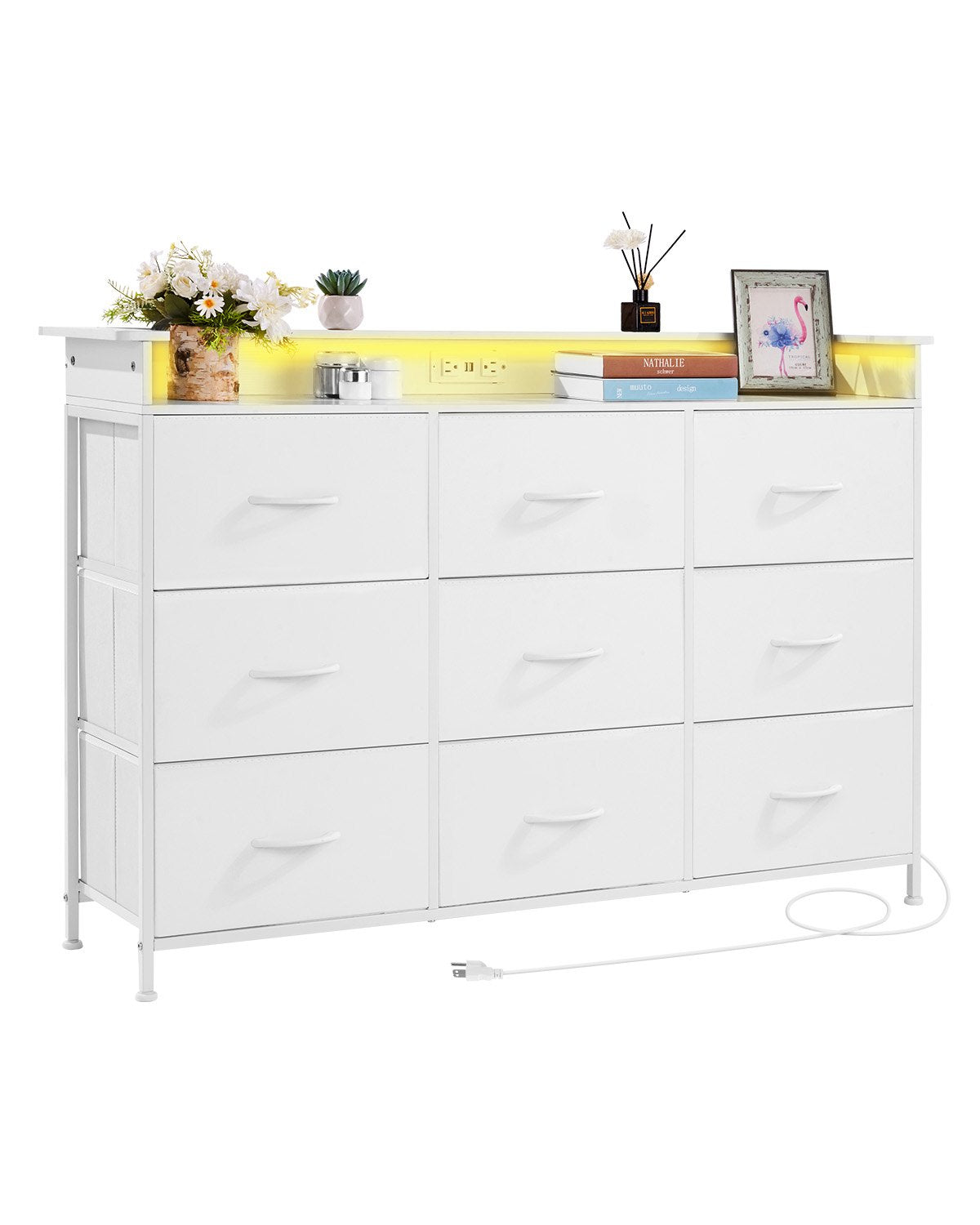 VEVOR 9 Drawer Dresser, Tall Drawer Dresser with Fabric Bin, Closet Storage Drawers with Sturdy Metal Frame, LED Lights & Built-in Outlet, Fabric Storage Tower for Bedroom, Hallway, Closet, White - 3LZWCTJ9C1C5IREUAV1 - view 1