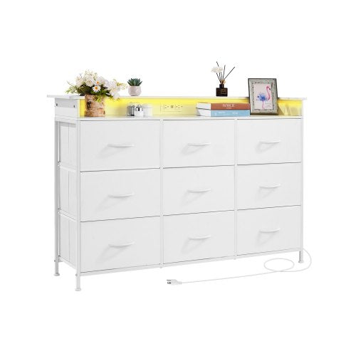 VEVOR 9 Drawer Dresser, Tall Drawer Dresser with Fabric Bin, Closet Storage Drawers with Sturdy Metal Frame, LED Lights & Built-in Outlet, Fabric Storage Tower for Bedroom, Hallway, Closet, White - 3LZWCTJ9C1C5IREUAV1 - view 2