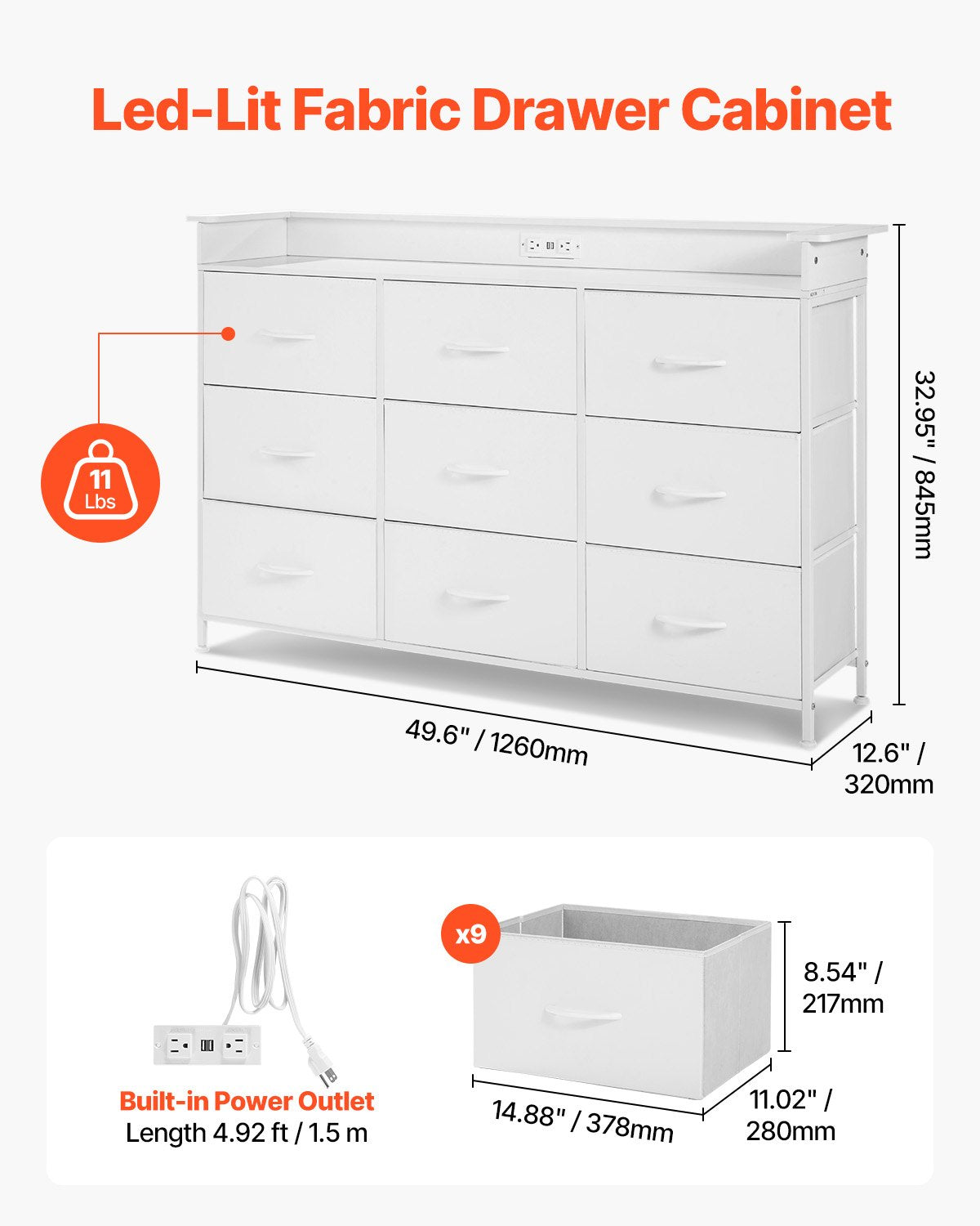 VEVOR 9 Drawer Dresser, Tall Drawer Dresser with Fabric Bin, Closet Storage Drawers with Sturdy Metal Frame, LED Lights & Built-in Outlet, Fabric Storage Tower for Bedroom, Hallway, Closet, White - 3LZWCTJ9C1C5IREUAV1 - view 3