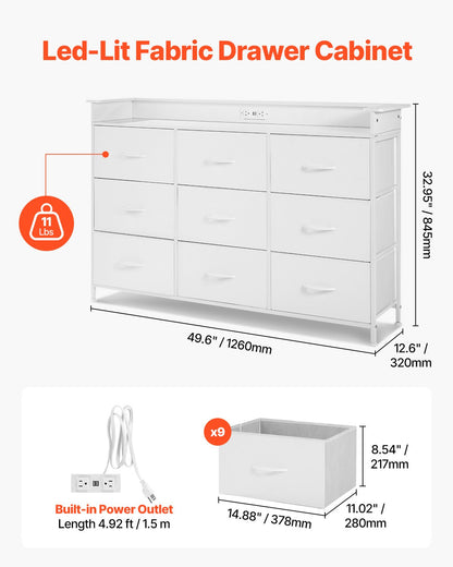 VEVOR 9 Drawer Dresser, Tall Drawer Dresser with Fabric Bin, Closet Storage Drawers with Sturdy Metal Frame, LED Lights & Built-in Outlet, Fabric Storage Tower for Bedroom, Hallway, Closet, White - 3LZWCTJ9C1C5IREUAV1 - view 3