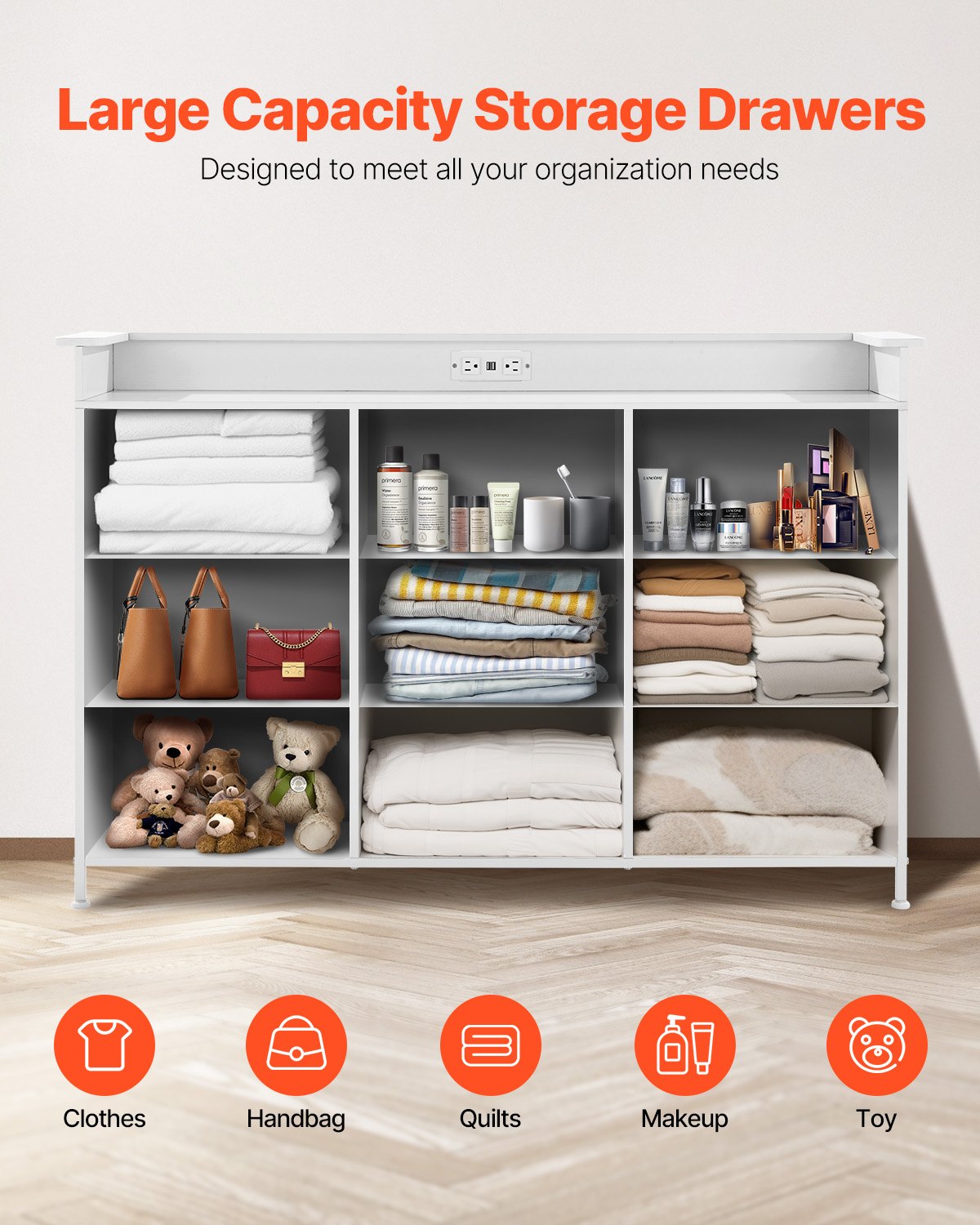 VEVOR 9 Drawer Dresser, Tall Drawer Dresser with Fabric Bin, Closet Storage Drawers with Sturdy Metal Frame, LED Lights & Built-in Outlet, Fabric Storage Tower for Bedroom, Hallway, Closet, White - 3LZWCTJ9C1C5IREUAV1 - view 4