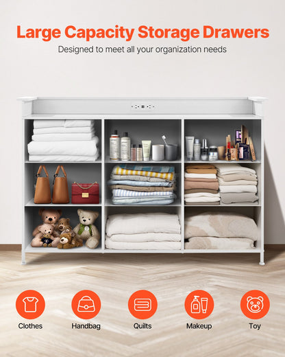 VEVOR 9 Drawer Dresser, Tall Drawer Dresser with Fabric Bin, Closet Storage Drawers with Sturdy Metal Frame, LED Lights & Built-in Outlet, Fabric Storage Tower for Bedroom, Hallway, Closet, White - 3LZWCTJ9C1C5IREUAV1 - view 4