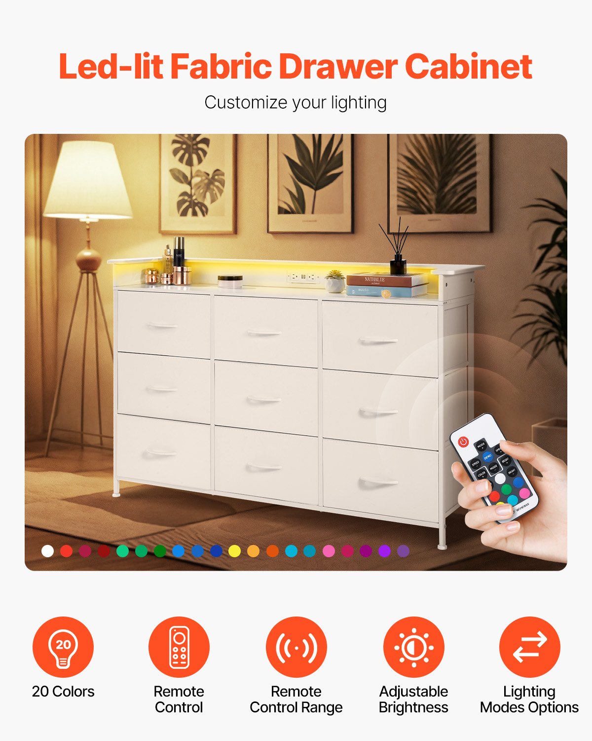 VEVOR 9 Drawer Dresser, Tall Drawer Dresser with Fabric Bin, Closet Storage Drawers with Sturdy Metal Frame, LED Lights & Built-in Outlet, Fabric Storage Tower for Bedroom, Hallway, Closet, White - 3LZWCTJ9C1C5IREUAV1 - view 6