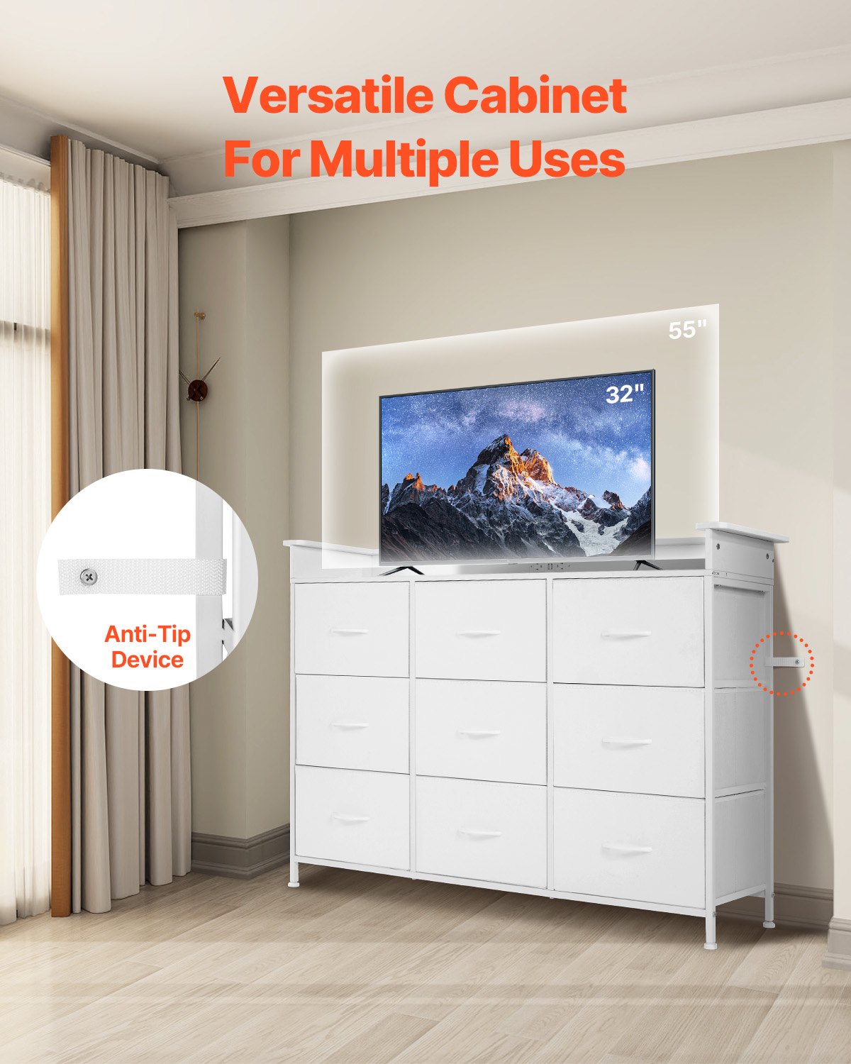 VEVOR 9 Drawer Dresser, Tall Drawer Dresser with Fabric Bin, Closet Storage Drawers with Sturdy Metal Frame, LED Lights & Built-in Outlet, Fabric Storage Tower for Bedroom, Hallway, Closet, White - 3LZWCTJ9C1C5IREUAV1 - view 7