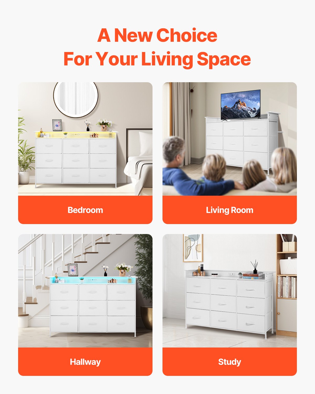 VEVOR 9 Drawer Dresser, Tall Drawer Dresser with Fabric Bin, Closet Storage Drawers with Sturdy Metal Frame, LED Lights & Built-in Outlet, Fabric Storage Tower for Bedroom, Hallway, Closet, White - 3LZWCTJ9C1C5IREUAV1 - view 8