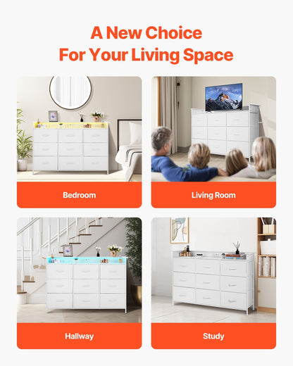 VEVOR 9 Drawer Dresser, Tall Drawer Dresser with Fabric Bin, Closet Storage Drawers with Sturdy Metal Frame, LED Lights & Built-in Outlet, Fabric Storage Tower for Bedroom, Hallway, Closet, White - 3LZWCTJ9C1C5IREUAV1 - view 8