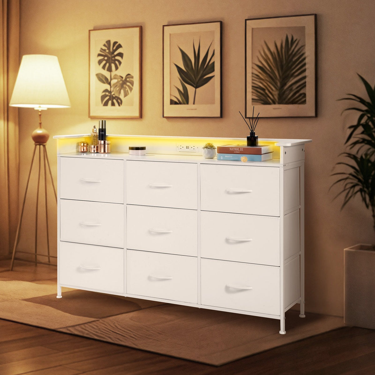 VEVOR 9 Drawer Dresser, Tall Drawer Dresser with Fabric Bin, Closet Storage Drawers with Sturdy Metal Frame, LED Lights & Built-in Outlet, Fabric Storage Tower for Bedroom, Hallway, Closet, White - 3LZWCTJ9C1C5IREUAV1 - view 9