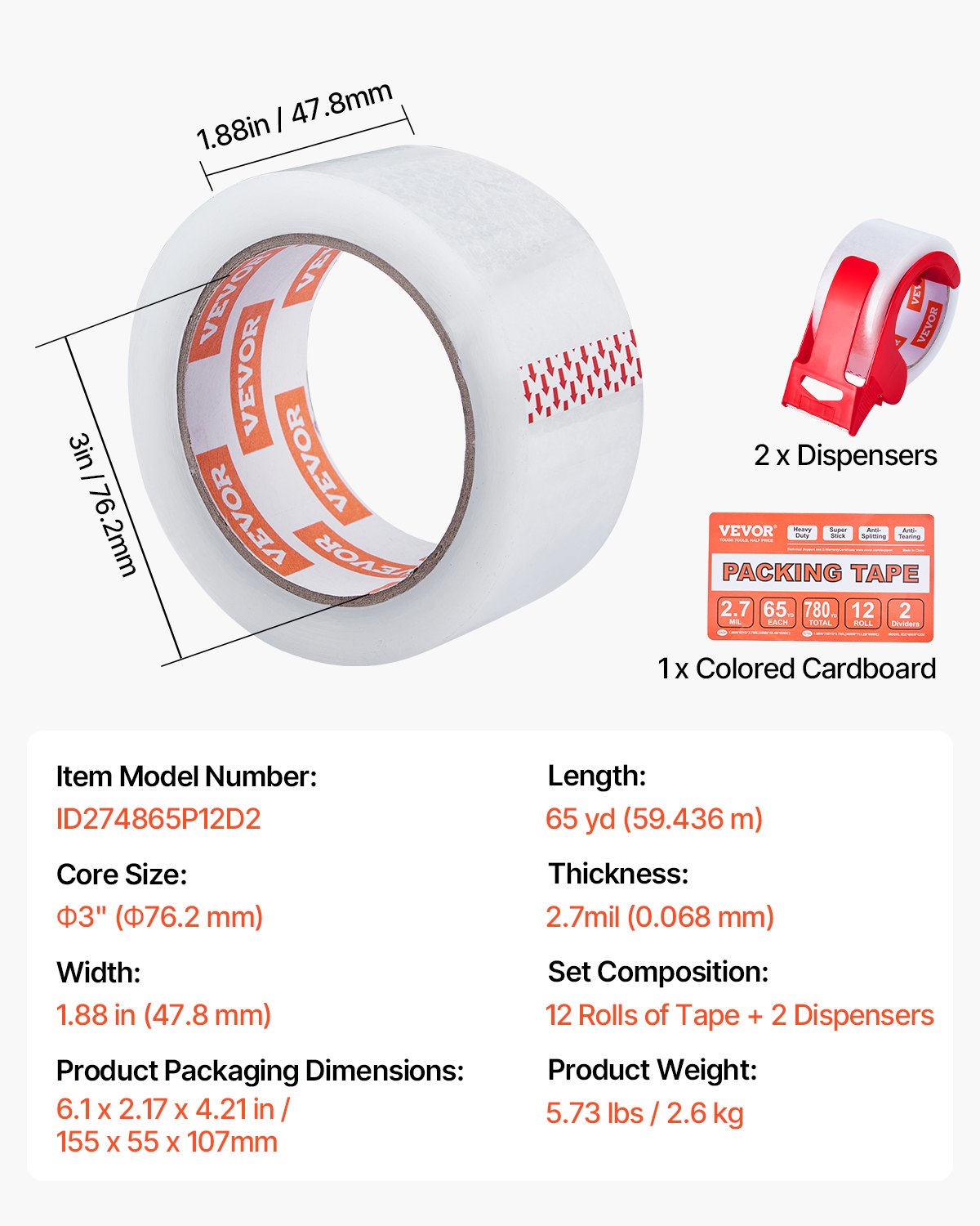 VEVOR Clear Packing Tape, 3 inches Core, 12 Rolls 1.88 Inches x 65 Yards Packing Tape with Dispenser, 2.7 Mil Heavy Duty Packaging Tape Designed for Moving, Storage and Packing, Shipping and Mailing - 3YCXFXJDTM12C3NXXV0 - view 8