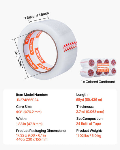 VEVOR Clear Packing Tape, 3 inches Core, 24 Rolls 1.88 Inches x 65 Yards Packing Tape, 2.7 Mil Thick, Heavy Duty Packaging Tape Designed for Moving, Storage and Packing, Shipping and Mailing, Office - 3YCXFXJDTM24NIINWV0 - view 8