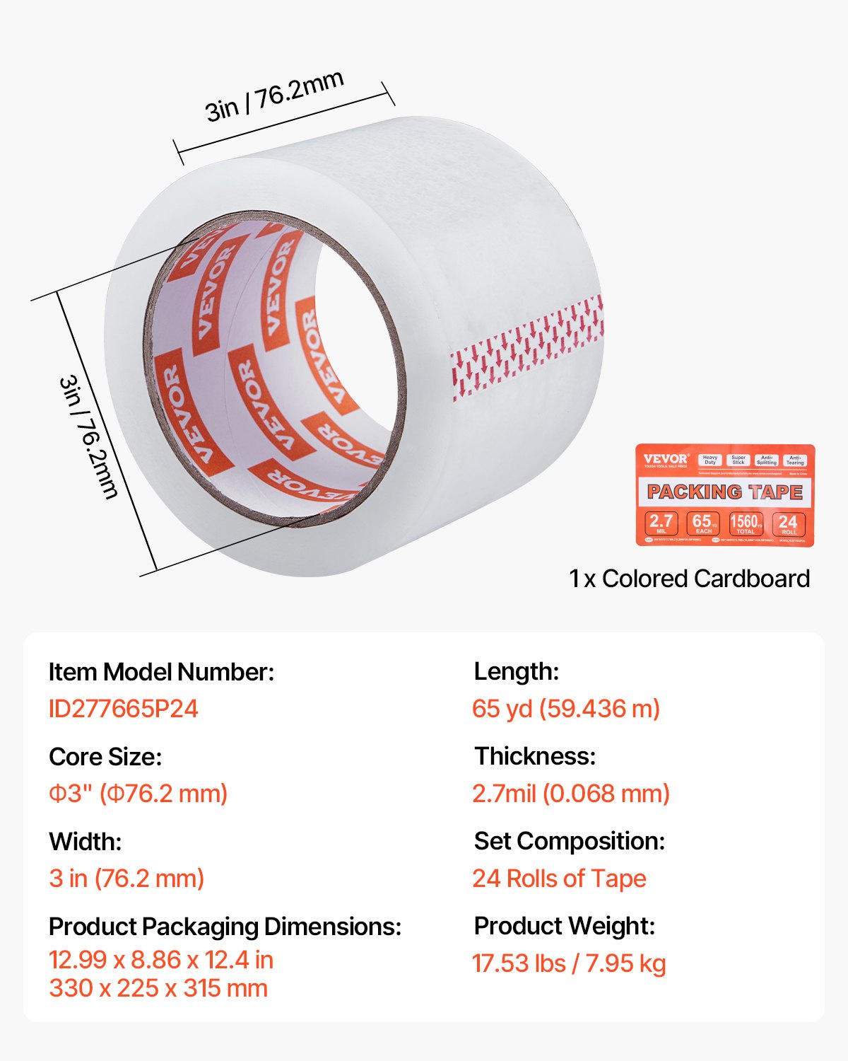 VEVOR Clear Packing Tape, 3 inches Core, 24 Rolls 3 Inches x 65 Yards Packing Tape, 2.7 Mil Thick, Heavy Duty Packaging Tape Designed for Moving, Storage and Packing, Shipping and Mailing, Office - 3YCXFXJDTM24YMKX1V0 - view 8